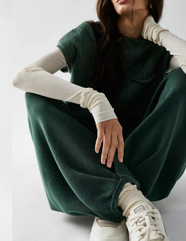 Women's Knitted Sleeveless Pocket Casual Rib Pullover Vest