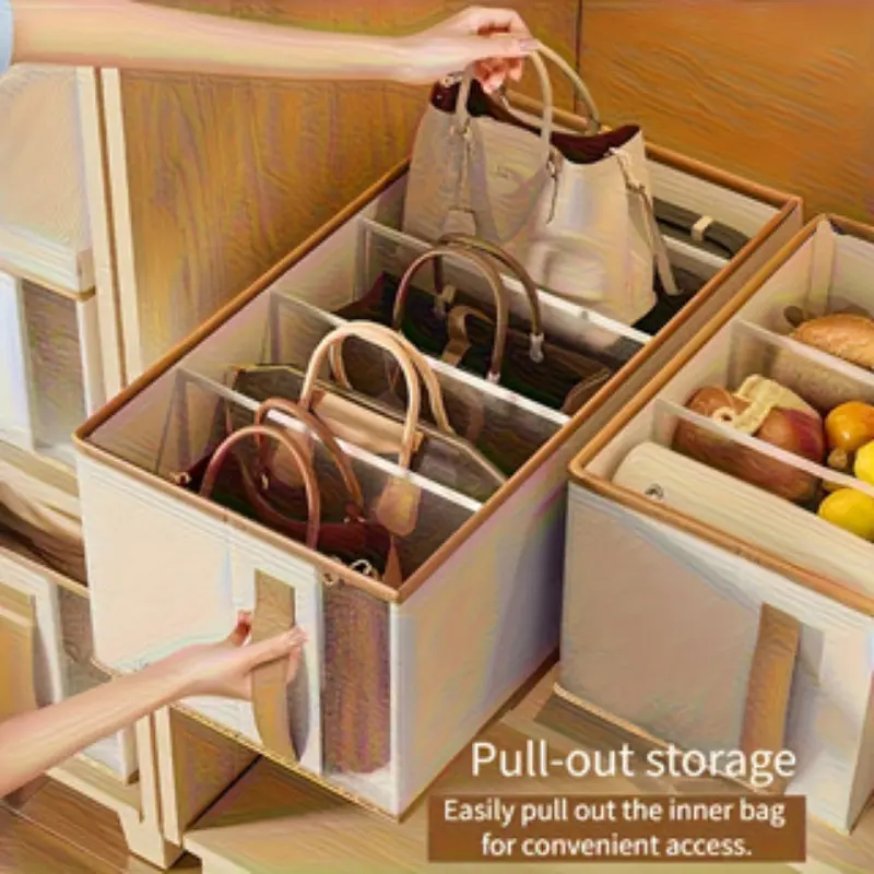 Foldable Oxford Fabric Handbag Storage Box with Transparent Window, Multi-Compartment Closet & Wardrobe Organizer, Fabric Storage Bins
