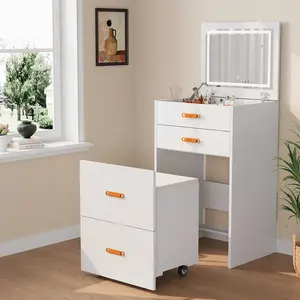 3 in 1 Compact Makeup Vanity Desk with LED Lighted Mirror and 3 Color Modes Small Vanity Table Set with Rolling Storage Chair Space Saving for Bedroom Apartment Dorm Small Space