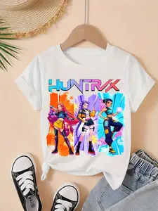 Girls Kpop Demon Hunters Korean Series Cartoon Print Short Sleeve T-Shirt, Huntrix Cyberpunk Style, Summer Casual Round Neck Top