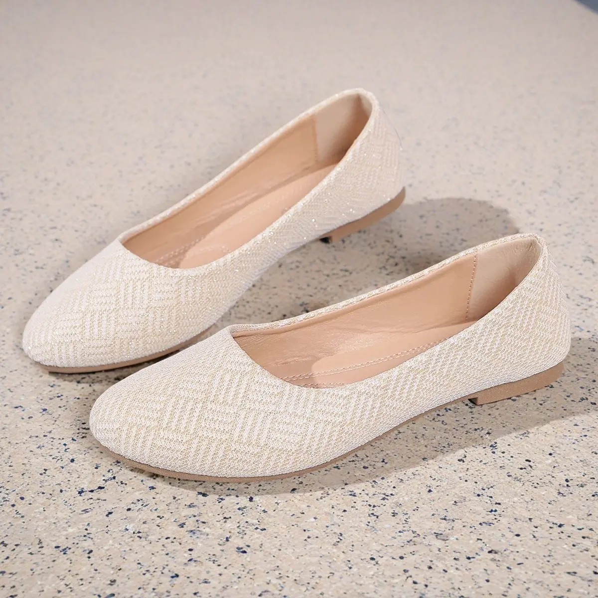 Women's Knit Sparkle Ballerina Flats - Round Toe, Slip-On, Low Heel Loafers with Comfortable Soft Non-Slip Cushioned Sole for Dressy Casual Work