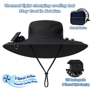 Solar rechargeable hat—outdoor hat, fishing hat, farmer’s hat—with two fans; adjustable intensity at low, medium, and high levels for sustained cooling; USB rechargeable; a summer essential and great summer product.