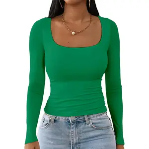Square Neck Tops for Women - Long Sleeve Double Lined T Shirts Basic Slim Fit Crop Top
