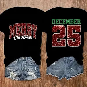 Merry Christmas December 25th Funny Double-sided Print T-shirt Retro-style Summer Beach Wear Cute Ladies' Top for Fashion Women Soft Breathable Pure Cotton Crew Neck Daily Versatile Perfect for Gifting Local Shipment Vintage Clothing