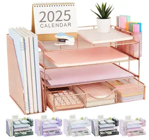gianotter Desk Organizers and Accessories with File Holder, 4-Tier Desk Accessories & Workspace Organizers with Drawer and 2 Pen Holder, Paper Organizer for Office Supplies (Rose Gold)