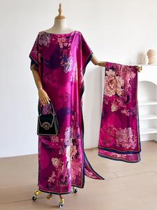elegant silk floral print dress set, long robe & scarf, beach cover-up, sun protection, all seasons wear, women's fashion beach outdoor wear