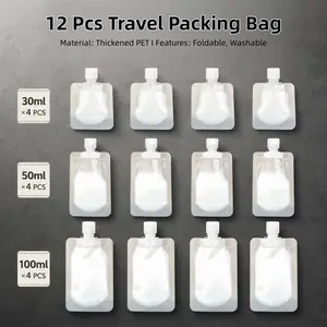 [12 Pcs] Refillable Liquid Pouches -   Portable Fluid Packing Bags - Leak Proof Clear Squeeze Spout Shampoo, body lotion, and cosmetics storage bag