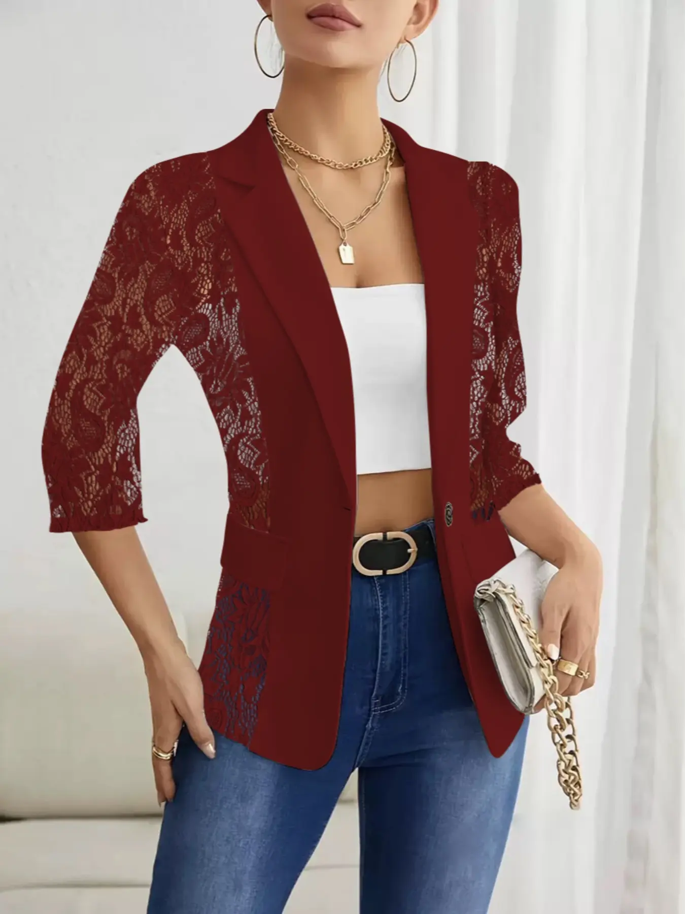 Fashion Plain Color Thin Lapel Women's Lace Seven-Quarter Sleeve Casual Breathable Womenswear, Jacket, Fitted Regular Length, Spring & Fall Outerwear, Lady