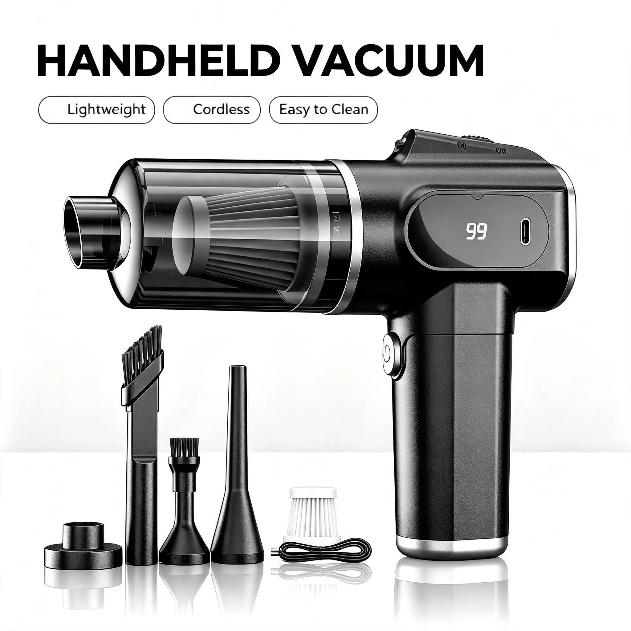 2-in-1 Cordless Mini Vacuum Cleaner & Air Duster (Dual Function Vacuum + Dusting), 5500Pa Powerful Suction, Portable Handheld Cleaner with 4 Accessories for Cars & Home Cleaning, Power Display, Father’s Day Gift