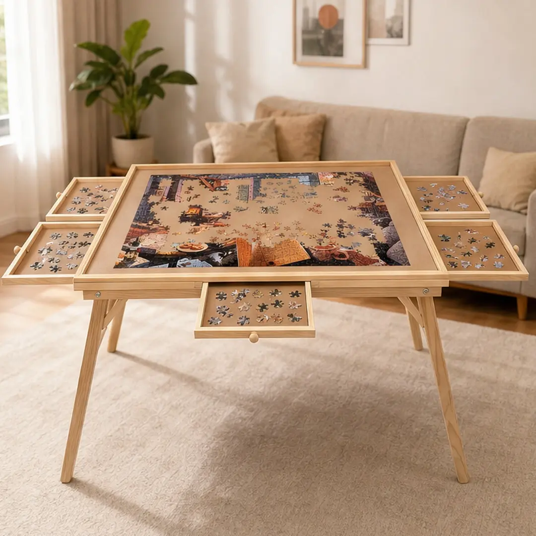 27in Tall 1500 Piece Puzzle Table with Legs, 5 Drawers, 34x26in Large Wood Folding Jigsaw Board for Adults, Natural Pine, for Living Room Game Room Hobby, Foldable Storage Table, Natural Color Options, Pine Material, Casual/Chinese Style