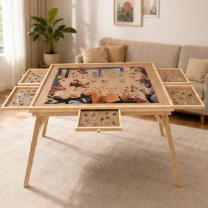 27in Tall 1500 Piece Puzzle Table with Legs, 5 Drawers, 34x26in Large Wood Folding Jigsaw Board for Adults, Natural Pine, for Living Room Game Room Hobby, Foldable Storage Table, Natural Color Options, Pine Material, Casual/Chinese Style