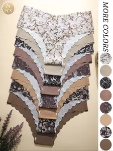 Women's Seamless Panties Set, Soft Thin Fitted Design, Fashionable Wave Edge, Casual Plain Pattern, All Seasons Wear