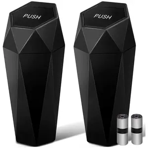 2-Pack Compact Diamond-Shaped ABS Plastic Leakproof Trash Can with Push-Open Lid (8.1x3.6x3.6"), Car Organization Supplies for Car Cup Holders, Multipurpose Home Bins