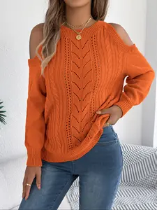 Women's Casual Hollow Out Knit Pullover Sweater Knitwear, Fall Winter Fashion, Plain Color off Shoulder Jumper, Ladies Long Sleeve Top