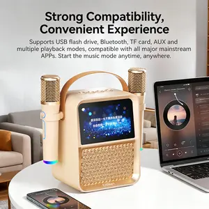 Portable Karaoke Machine with 2 Wireless Mics, 10W Bluetooth Speaker, DSP Chip, Dynamic Lyrics Display, Home KTV System for Party, Family Singing, Support Bluetooth/TF/USB/AUX