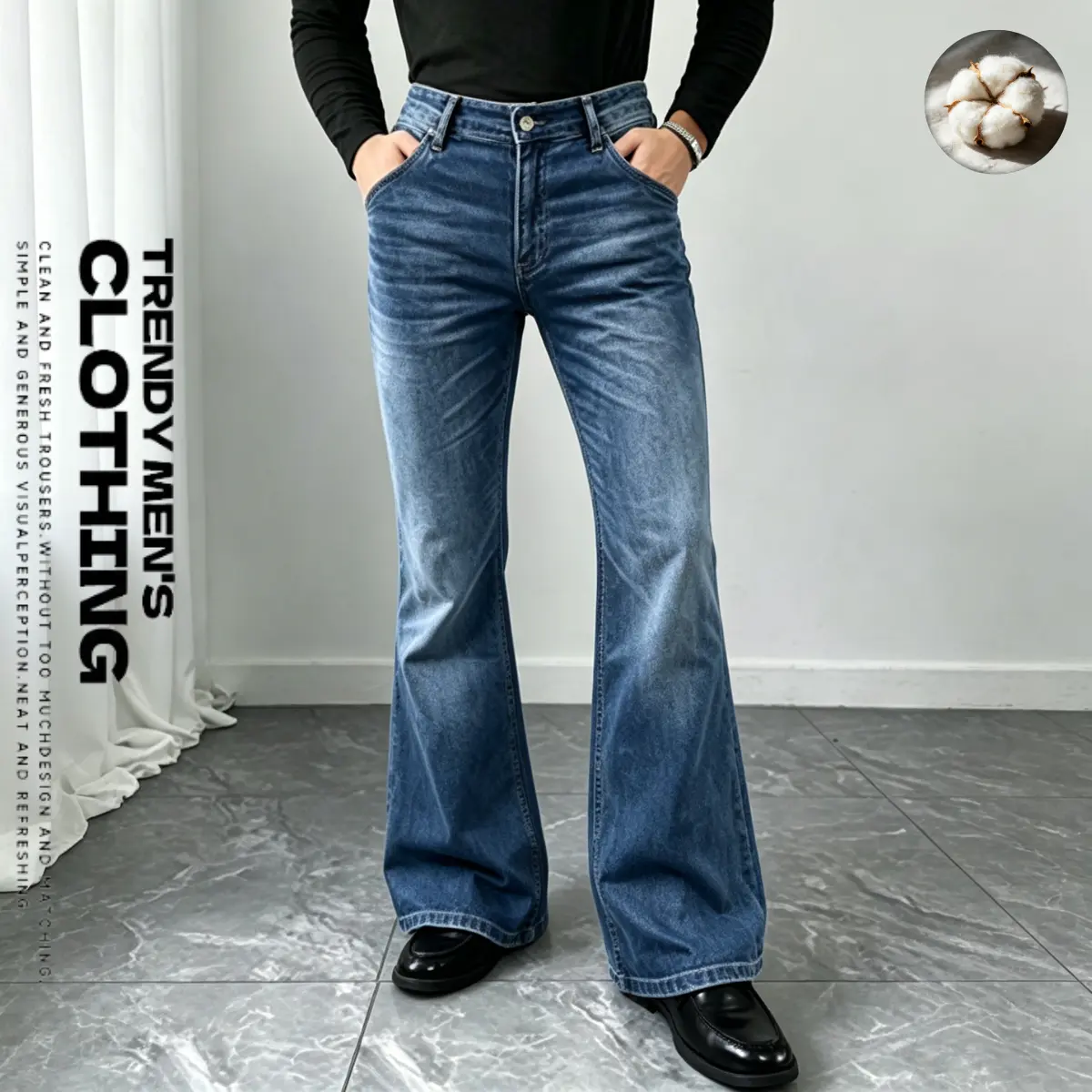Men's Vintage Flared Jeans, Loose Fit Distressed Washed Denim, Grunge Aesthetic Casual Streetwear Fashion, Menswear, Plain, Fashion Casual Denim, 90S Wide Leg Men's Jeans, Simple, Full Length, Tee, Retro Style, 90S Grunge Men's Jeans