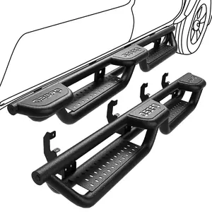 Wheel to Wheel Running Boards Compatible with Chevy Silverado GMC Sierra 2019-2025 1500, 2020-2025 2500HD 3500HD Crew Cab, Bed Access Side Steps, Two Stairs Nerf Bars Black Powder Coated Rails