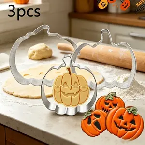 3 pieces of high-quality rust proof pumpkin biscuit cutting set, suitable for Halloween and autumn, classic pumpkin and pumpkin lantern shaped, finely polished surface and safe rolled edges, perfect for Halloween gifts, baking lover gifts