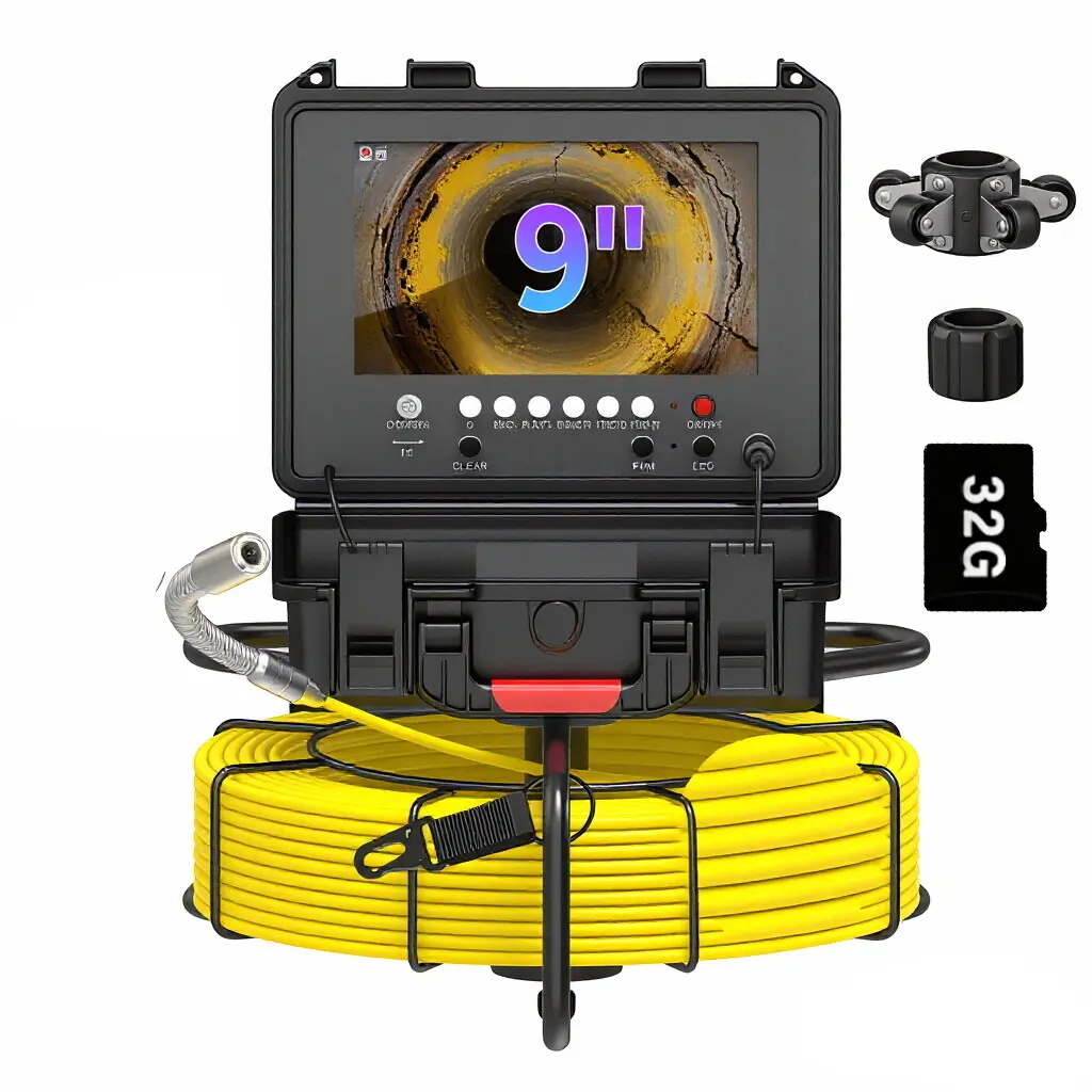 MAOTEWANG Sewer Inspection Camera with 512Hz Locator, Self-Leveling, 100ft Fiberglass Rod Snake, 9in HD Screen, IP68 Waterproof Plumbing Tool, 12 LED Lights, 4500mAh Batteries, 32GB TF Card DVR, ABS Body, Charger, Screwdrivers, 1080P Camera