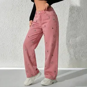 2026 Women's Pink High Waisted Wide Leg Jeans with Rhinestone Moon & Stars, Sparkly Embellished Loose Baggy Denim Pants, Y2K Aesthetic Soft Girl Style