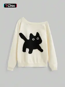 Women's Cat Pattern Oblique Shoulder Sweater, Casual Long Sleeve Jumper for Fall & Winter, Fashion Ladies' Knitwear for Daily Wear