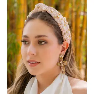 Blush Grace Tweed Jeweled Knot Headband