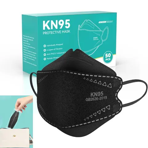 Adults' Protective KN95 Face Masks, Black 50-Pack Individually Wrapped, 3D Design Hugs Nose Mouth Chin, Dual Melt-Blown Filters, Breathable Disposable with Elastic Ear Loops for Home, Journalists