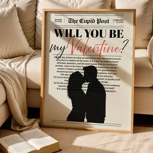 Vintage Valentine Newspaper Poster, Romantic Cupid Post Art Print, Will you be my Valentines Wall Art, Gift for Couple