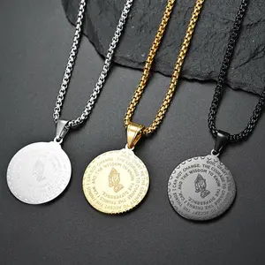 Stainless Steel Medallion Pendant Necklace Steel Prayer Hand Medallion Necklace Men's and Women's Jewelry
