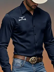 Men's Spring Casual Long Sleeve Shirt, Trendy Western Cowboy Pattern, Comfortable and Durable, Regular Fit, All Seasons, Sportswear