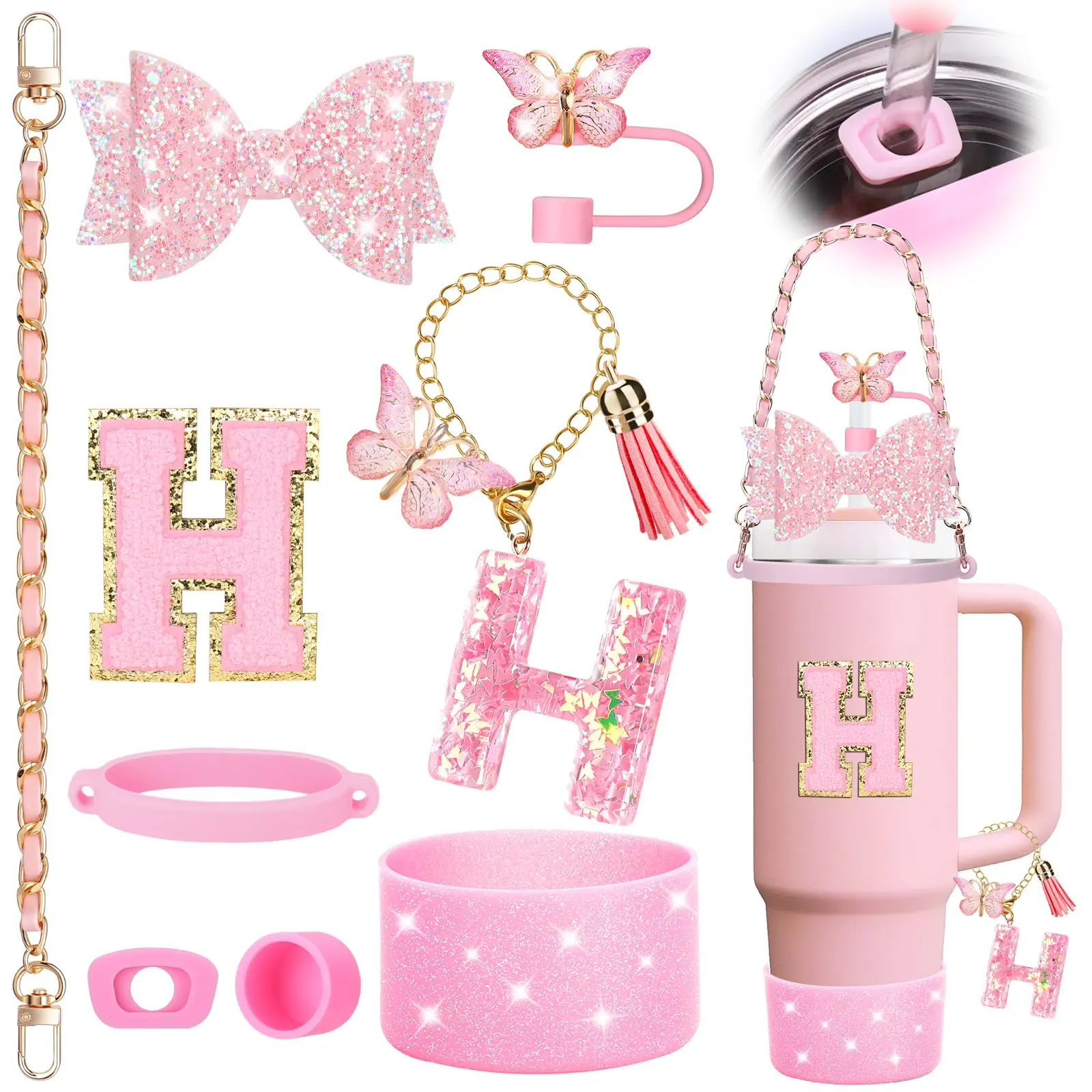 9pcs Pink Cup Accessories Set For 30oz 40oz Tumbler With Handle - Includes Strap Straw Bow Decorate Topper Boot Spill Proof Stoppers Charms Sticker (initials H)