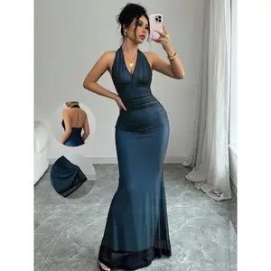 Elegant Deep Bodycon Dress, Sleeveless Halter Neck Design, Backless Ruched Style, Perfect for Spring Summer Formal Events