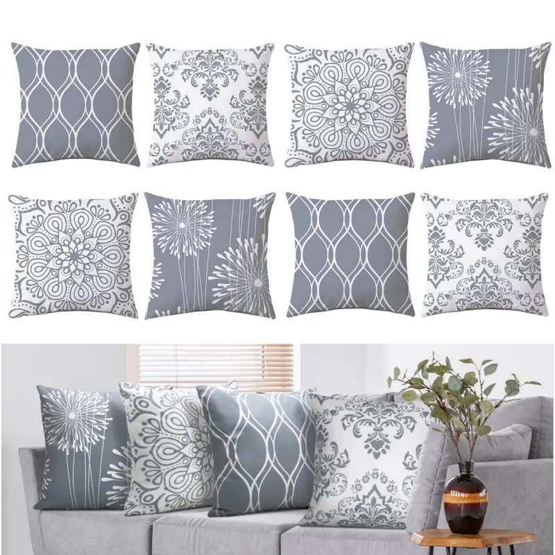 Modern Simple 8 Pack 2 Set Linen Throw Pillow Covers 18 X 18 Inch Geometric Print Gray White Line Pattern Square Cushions for Couch Patio Sofa Home Decor