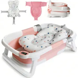 Newborn Baby Bath Tub Set - Large Foldable Thermosensitive Portable Travel Bathtub with Temperature Indicator Cushion, Bath Mat, Sit-Lie Functionality