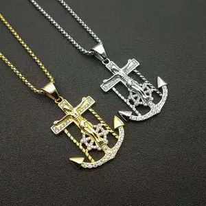 Titanium steel gold-plated diamond-encrusted anchor cross pendant necklace, a retro hip-hop style accessory with a unique and trendy anchor-shaped Cuban chain pendant necklace, suitable for both men and women.