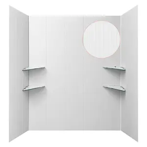 Shower Wall Panels, 60 W x 36 D x 75 H, 0.14 Inch (3.5 mm) Thick, 3-Panel Waterproof SMC Shower Surround Kit With Quick Install, Trimable Bathroom Tub Wall Panel Kit With Four Glass Shelves