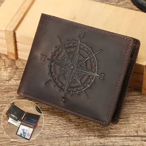 Men'S Genuine Leather Clutch Bag, Crazy Horse Leather Belt with Embossed Vintage Compass Diagram, Classic Bi-Fold Card Holder, Top-Grain Cowhide Wallet, Nordic Vintage Nautical Style Wallet, Explorer'S Gift