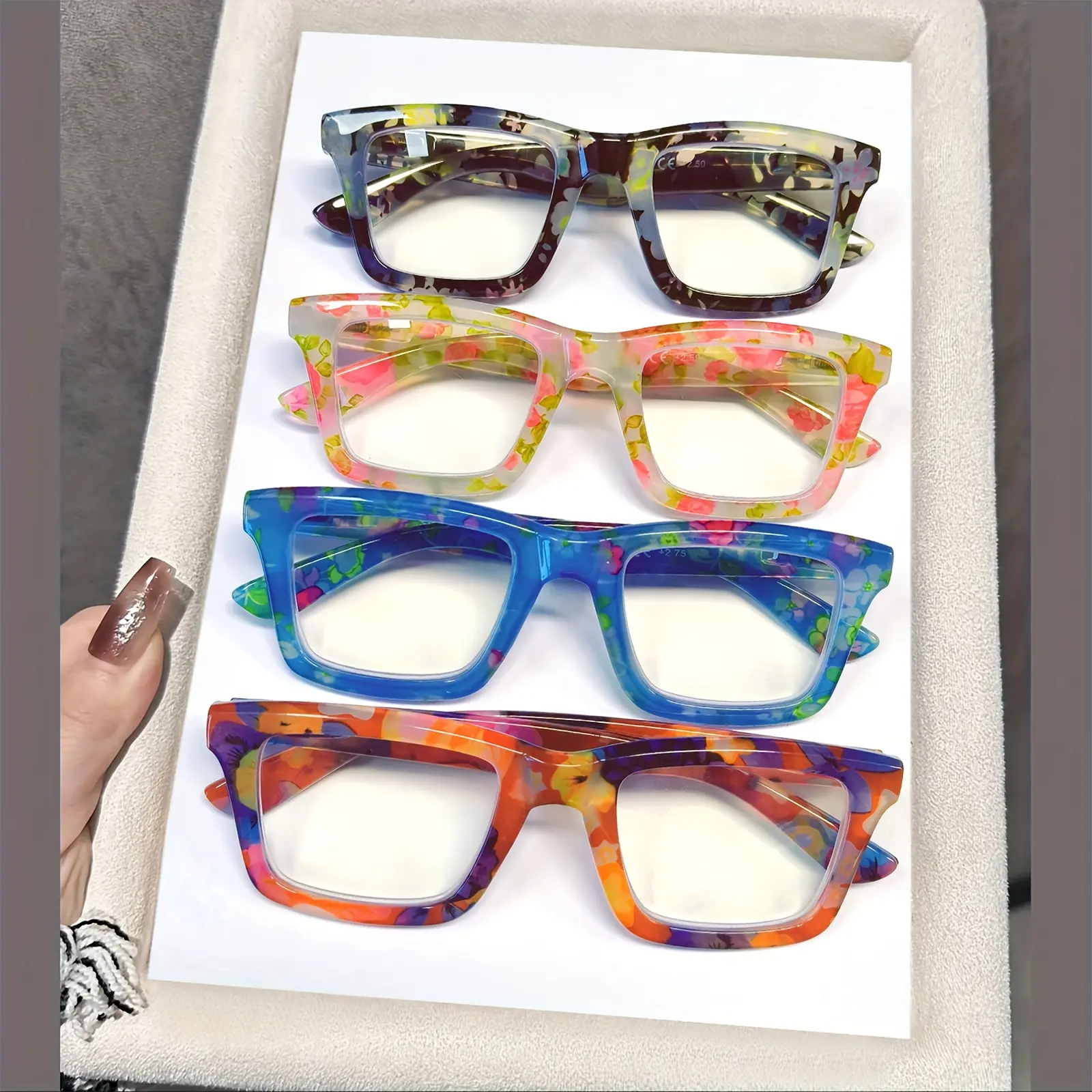 Unisex Anti-Blue Light Reading Glasses (4 Pairs, Single Item) - Comfortable Spring-Leg Frames, Large Square Color Block Design, +1.5 to +4.0 Strength, Fashionable Daily Eyewear, Set, Adults, Daily Wear, Plastic, Full Rim