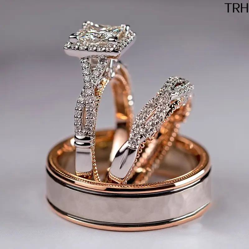 3Pcs Ring Set Rose Gold Two‑Tone Inlaid Cubic Zirconia Bridal Stackable Bands Full Pave Shiny Stone Twisted Band His Hers Matching Engagement Rings Hypoallergenic Polished Metal Luxury European American Style Jewelry for  Anniversary  Dating Gift
