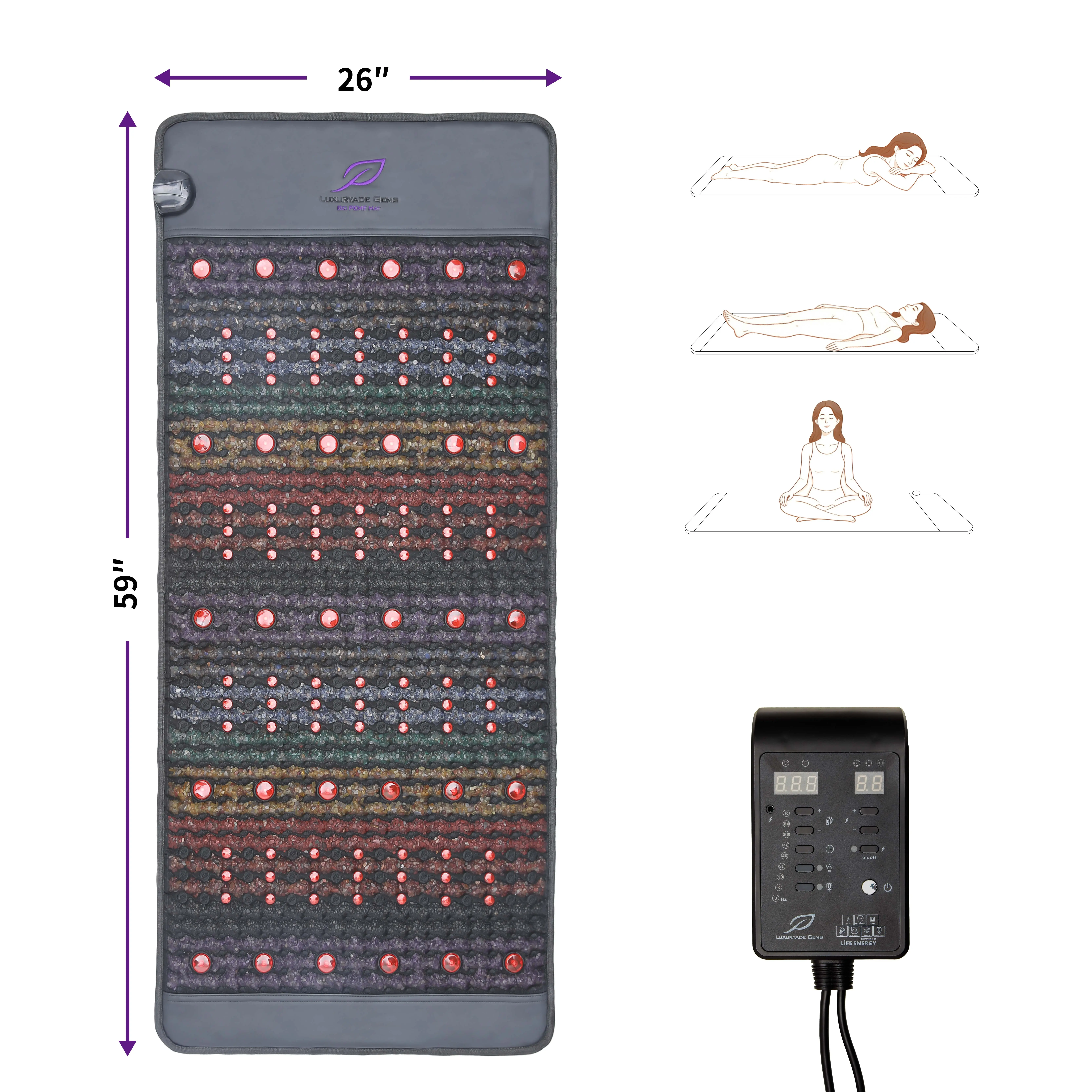 59"x26" Extra-Large Low EMF Far Infrared Heating Pad (Model B148) with Red LED Light Therapy, Amethyst Gems, Timer, Water Resistance for Adults’ Full-Body Pain, Stress Relief & Muscle Relaxation