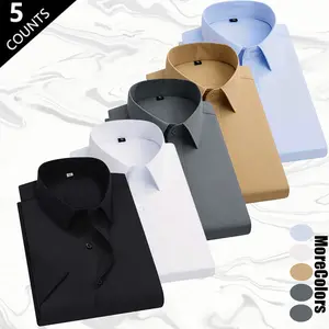 5-pack men’s wrinkle-free solid-color short-sleeve shirts, light-adult Japanese commuter style, wrinkle-resistant fabric with a comfortable drape and skin-friendly feel, minimalist solid design with a classic pointed collar, slim fit that looks sharp and