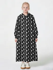Classic Kids Hooded Robe, Vintage Floral Pattern Girls Abaya, Muslim Girl Daily Long Dress, Casual Loose Fit, All Seasons