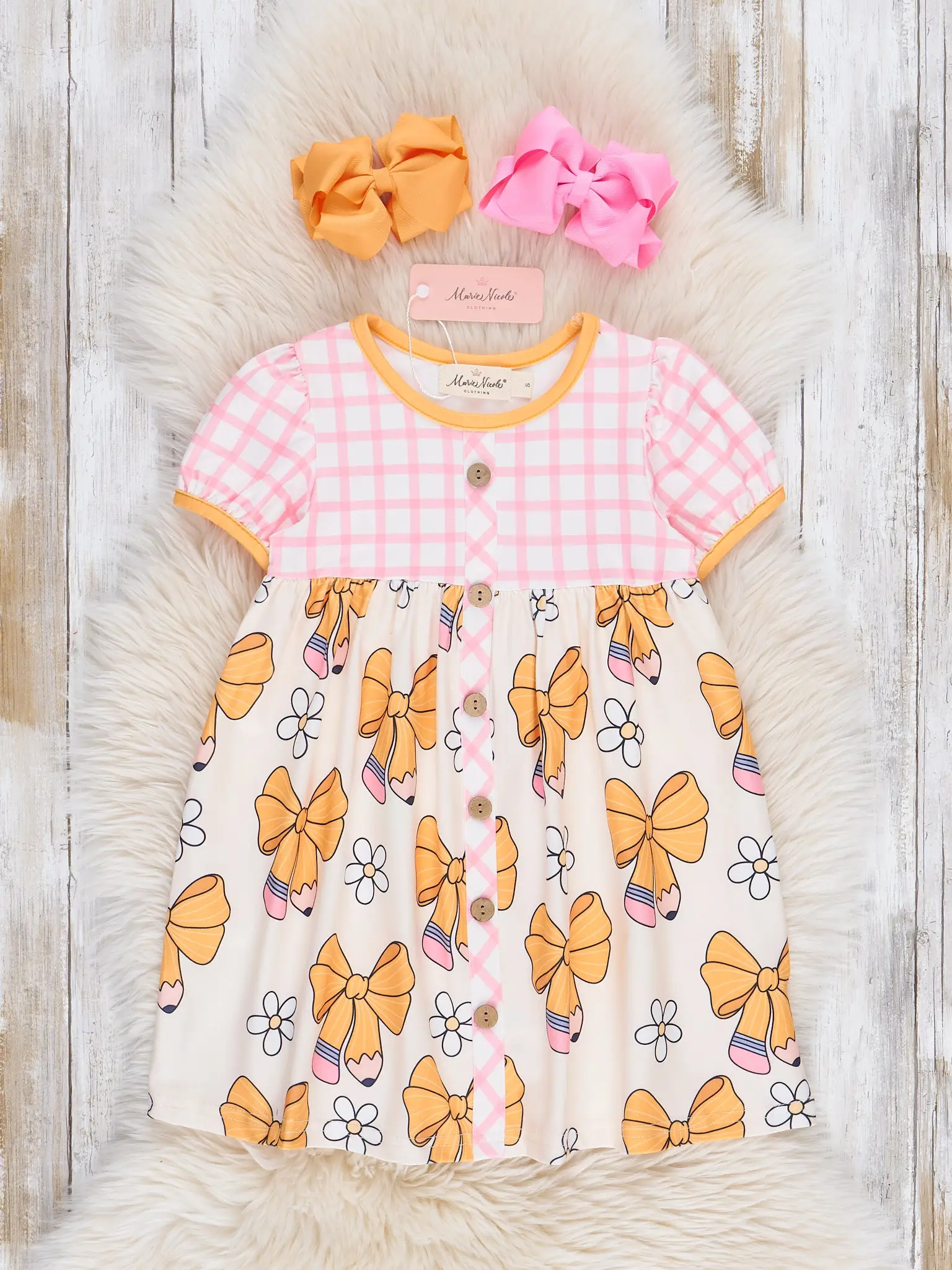 Button Front Pencil Bows Plaid Dress