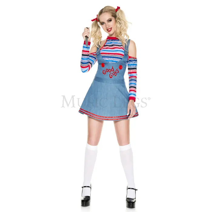 212 MAIN Dog & Cat Denim Overall Costume Set, Medium-Large Size, 3-Piece Outfit with Open-Shoulder Top, Skirt, Striped-Rainbow Accents, Ribbon Accessories (Women-Style Design)