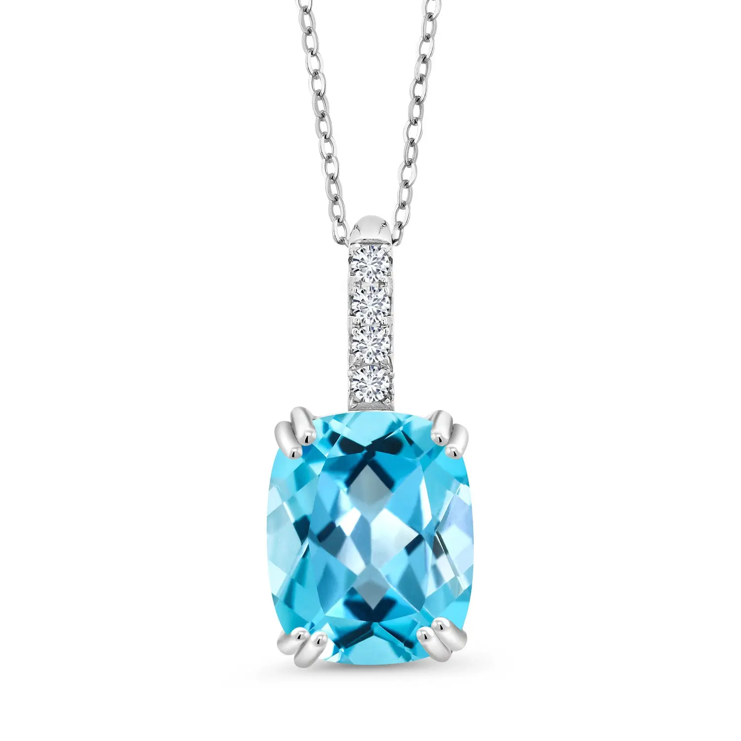 Swiss Blue Topaz and Gemstone Birthstone Pendant Necklace for Women | 925 Sterling Silver | Cushion Cut 10X8MM with 1.5MM Round Accent | 18-Inch Chain | Fine Jewelry Gift for Her, Mom, Wife, Women