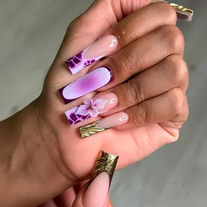 24 Pcs Gradient Long Square Nail Tips, Leopard Print Gold Foil Flower Decor, Glossy Gel False Nails, Reusable, Party Office Gift, Diy Nail Art