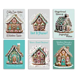 24 Gingerbread House Christmas Cards in 6 Retro Blue Designs + Envelopes