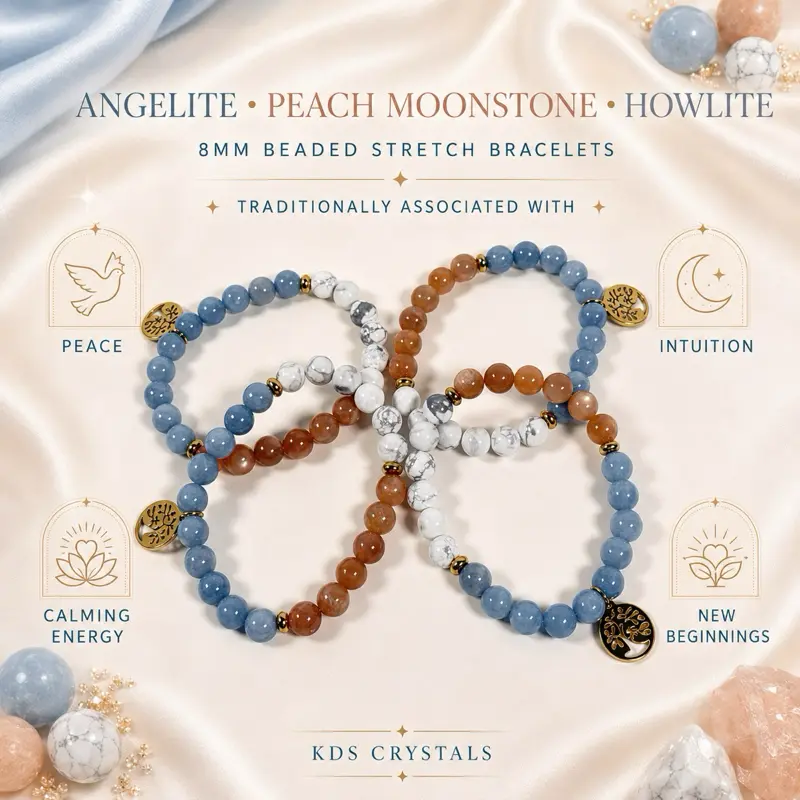8mm Angelite, Peach Moonstone & Howlite Bracelet with Tree of Life Charmy
