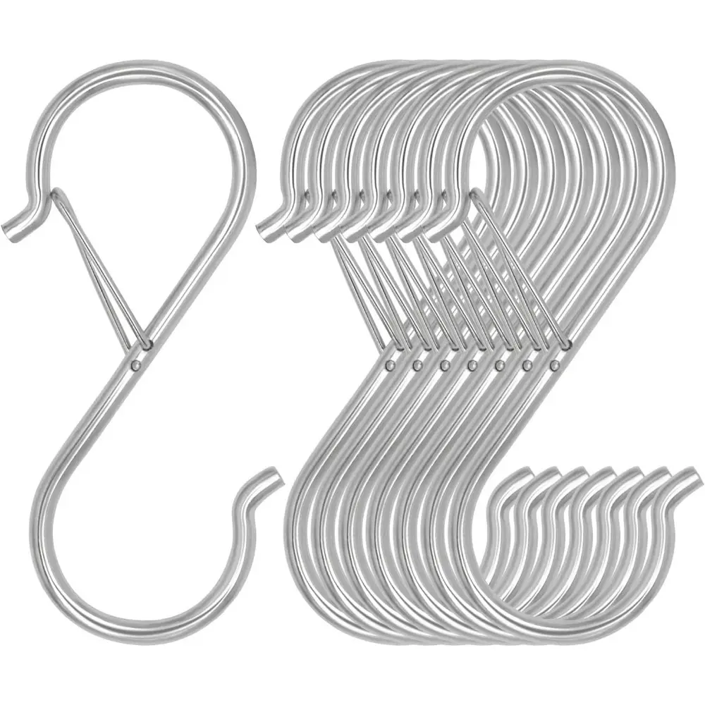 8-Pack 3.5-Inch Heavy Duty Metal S Hooks with Safety Buckle, 1.2-Inch Hanging Hooks for Kitchen Pot Rack, Garden Daily Life Use, Silver, Prevent Falling Objects