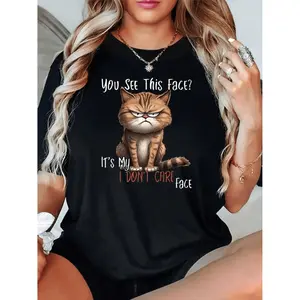 Women's Black Cat Graphic TShirt with Sassy Face Design Soft Breathable Round Neck Short Sleeve Casual Wear Machine Washable SemiTransparent Material